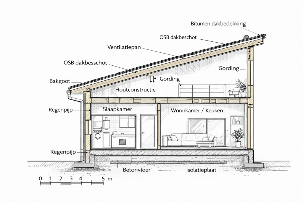 Schematische tekening huis met lessenaarsdak
