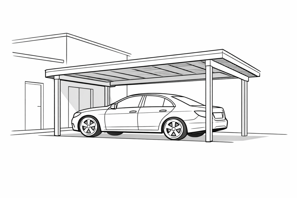 Schets auto onder een carport