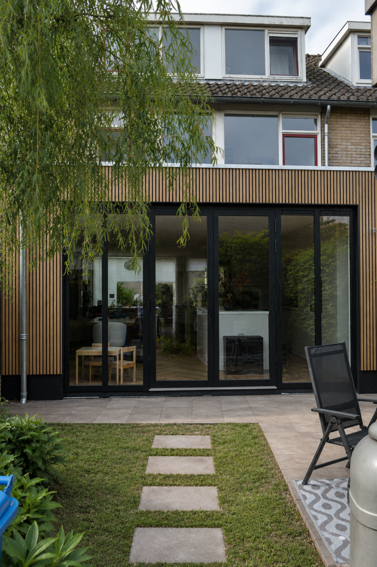 Aanbouw Pijnacker met composiet gevelbekleding en aluminium kozijnen