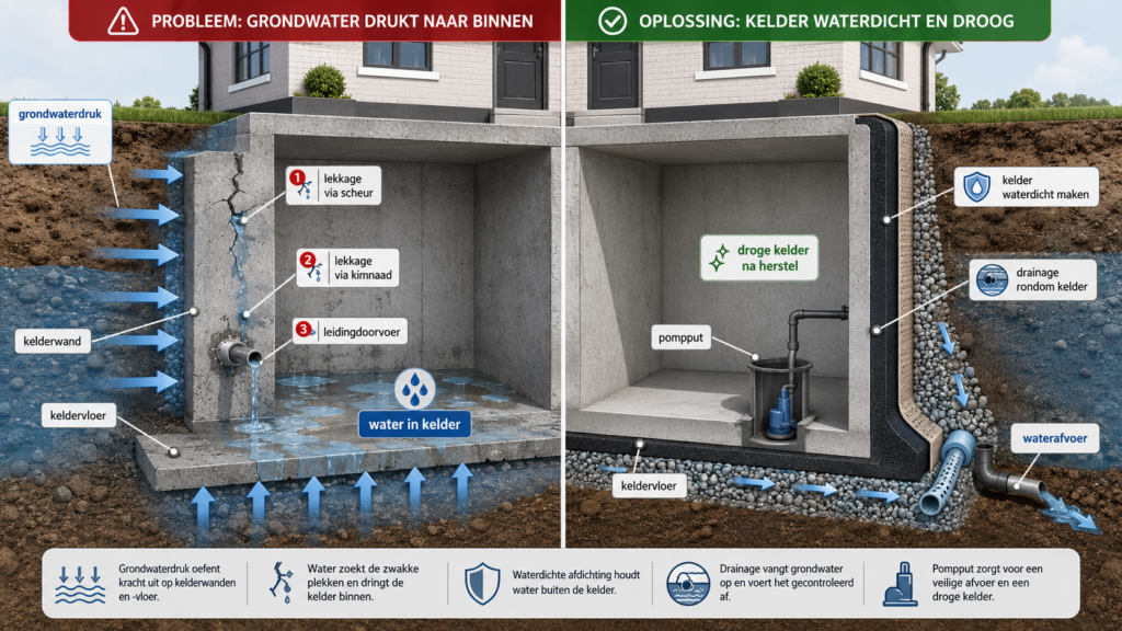 Grondwater in de kelder oplossen schematische weergave van de oplossingen