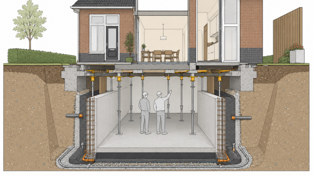 Schematische weergave kelder onder bestaand huis
