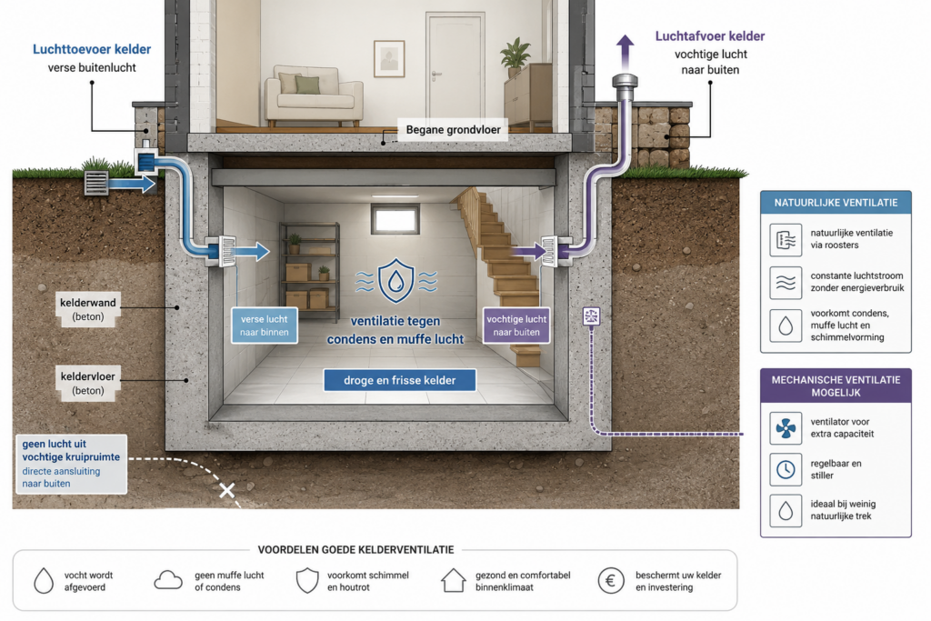 Schematische weergave kelder ventileren