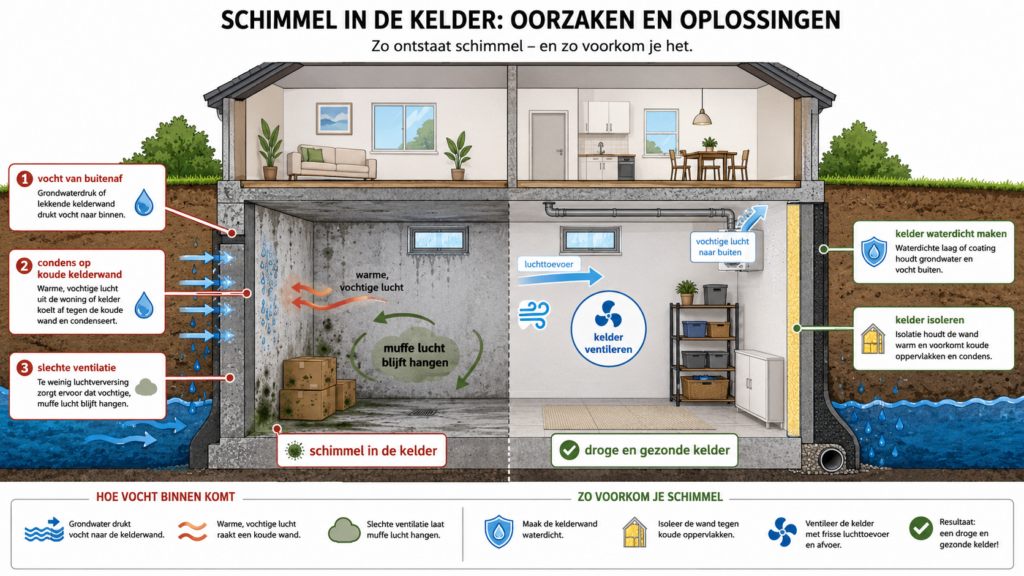 Weergave schimmel in de kelder ten opzichte van een normale kelder